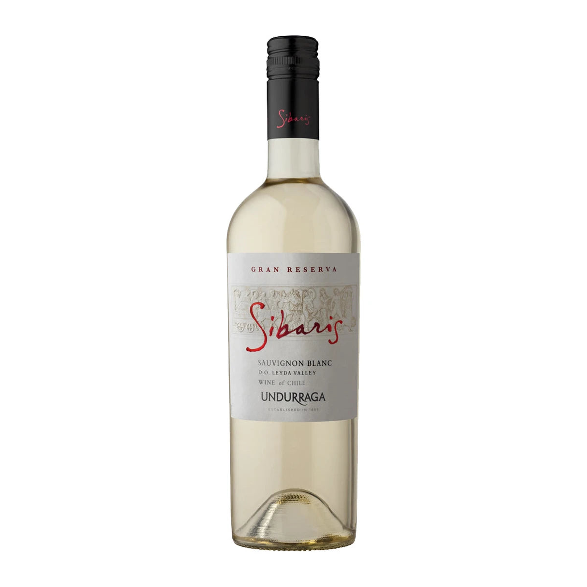 Undurraga Sibaris Gran Reserva Sauvignon Blanc, Leyda Valley, Chile, white wine bottle on white background