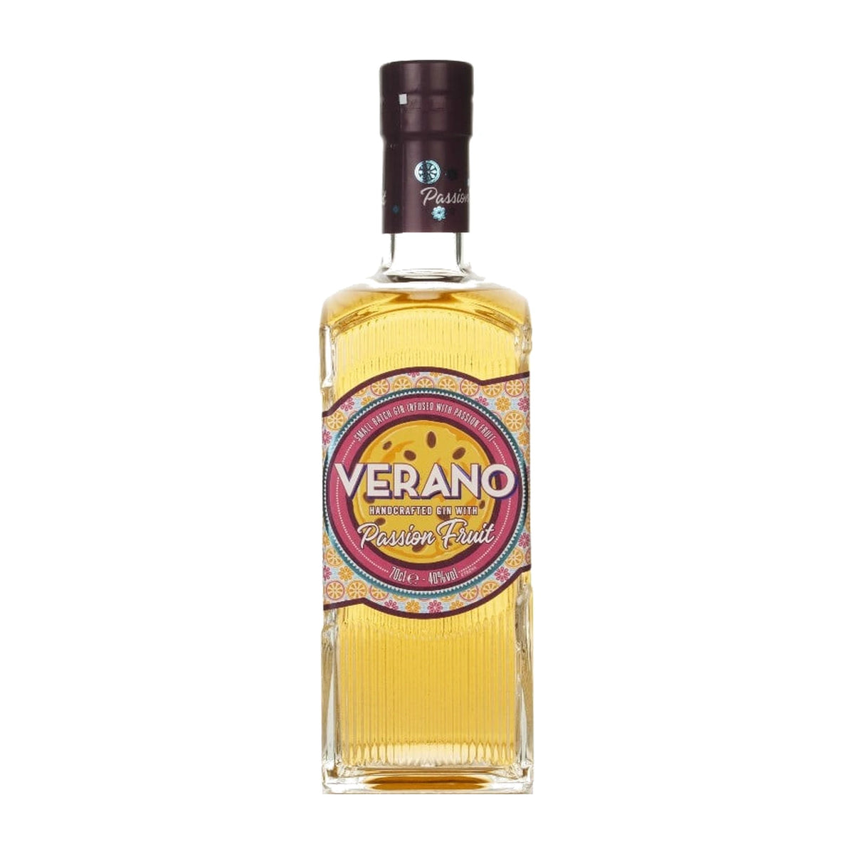 Verano Passion Fruit Flavoured Gin 70cl bottle on a white background