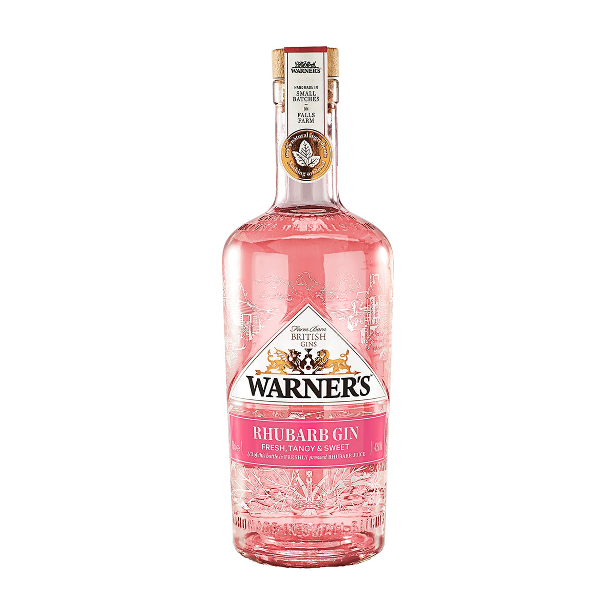 Warner's Rhubarb Gin, 70cl bottle on a white background
