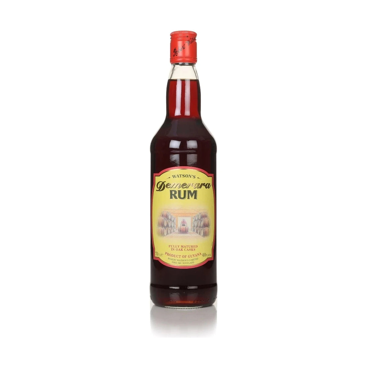 Bottle of Watson's Demerara Rum, 70cl, dark rum bottle with amber label on a white background
