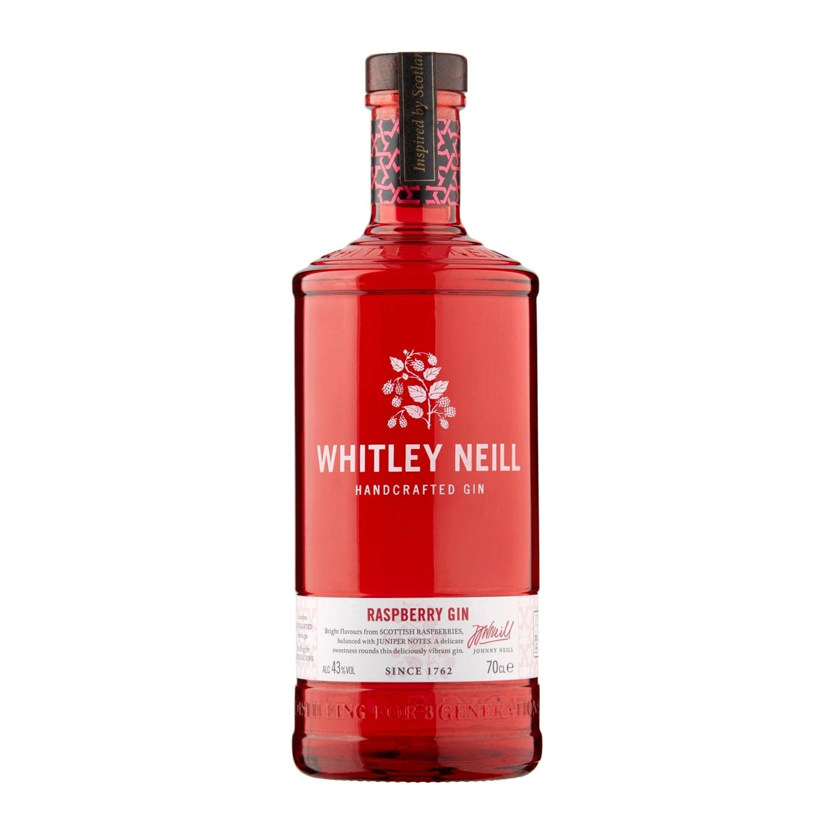 Whitley Neill Raspberry Gin 70cl bottle on a white background