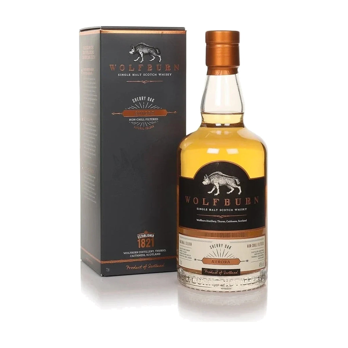 Wolfburn Aurora Highland Single Malt Scotch Whisky, 70cl bottle with gift box on a white background