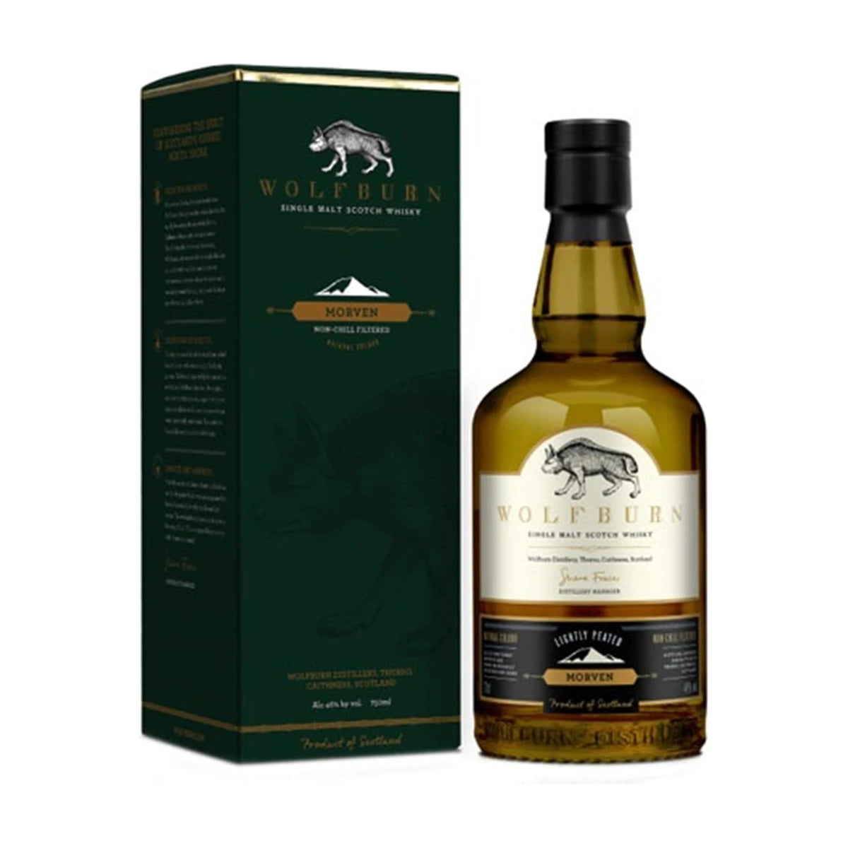 Wolfburn Morven Lightly Peated Highland Single Malt Scotch Whisky 70cl bottle on a white background